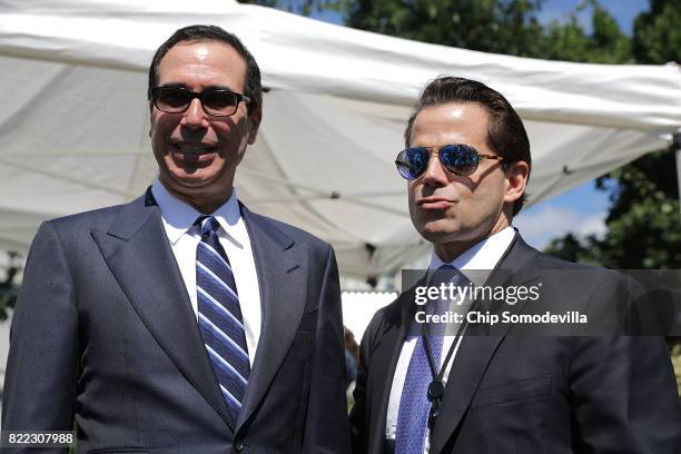 Treasury Secretary Steven Mnuchin and incoming White House Communications Diretor Anthony Scaramucci talk with reporters during 'Regional Media Day'...