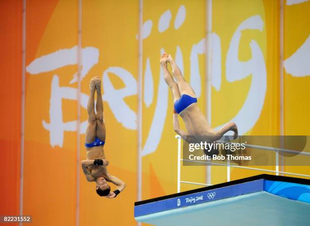 Tom Daley of Great Britain and his dive partner Blake Aldridge dive from the 10m platform during training for the Beijing 2008 Olympic Games at the...