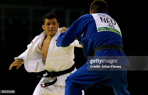 Frazer Will of Canada competes against Ruben Houkes of Netherlands during the men's - 60 kg judo gold final during Day 1 of the Beijing 2008 Olympic...