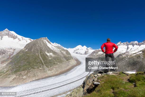 hiker in front of aletschgletscher - jungfraujoch stock pictures, royalty-free photos & images