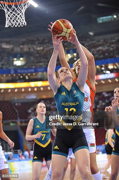 Belinda Snell of Australia rebounds against Belarus during day one of basketball at the 2008 Beijing Summer Olympics on August 9, 2008 at the...