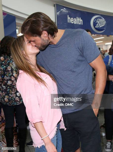 Camilla Thurlow and Jamie Jewitt from Love Island arrive at Stanstead airport on July 25, 2017 in London, England.