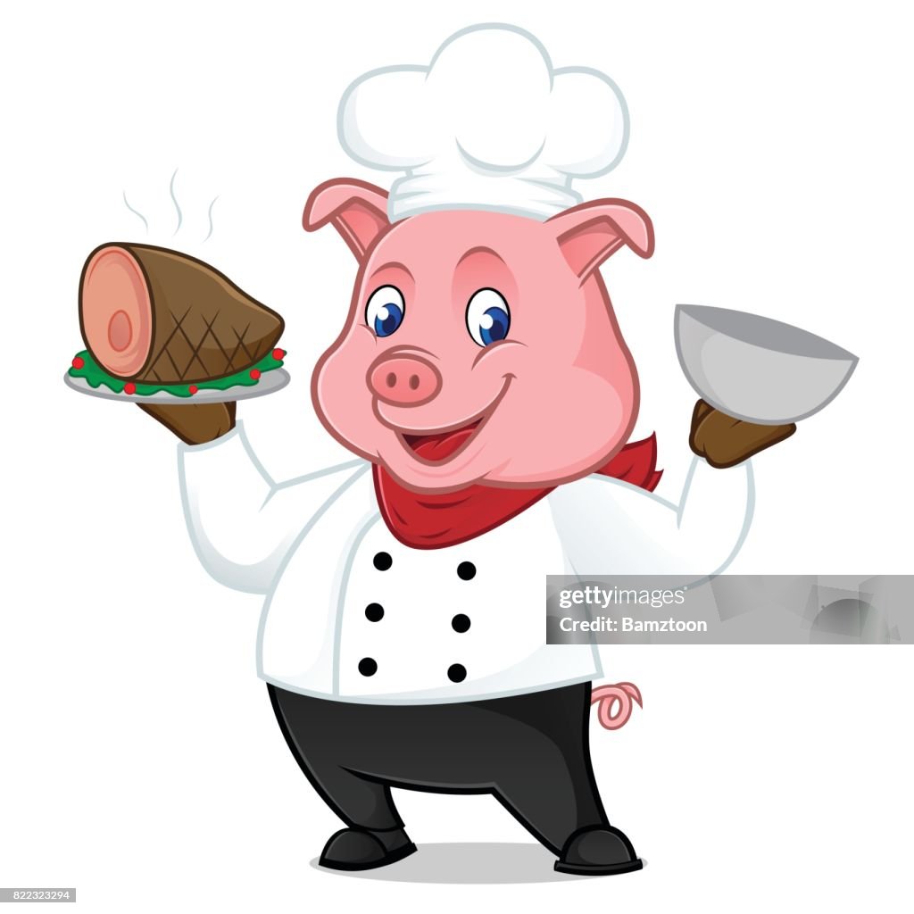 Mascota De Dibujos Animados De Cerdo Chef Sirviendo Carne De Cerdo En  Bandeja Ilustración de stock - Getty Images