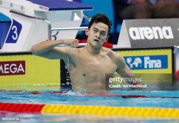 Sun Yang of China reacts after he wins the Men's 200m Freestyle during day twelve of the FINA World Championships at the Duna Arena on July 25, 2017...