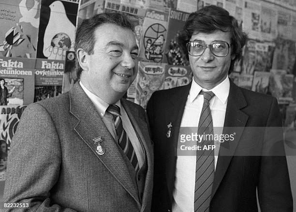 Ibn Sina prize winners Academician Yevgeny Primakov and Palestinian poet and journalist Mahmud Darwish are seen in Moscow on September 01 1983....