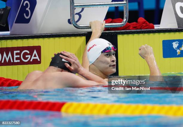 Sun Yang of China reacts after he wins the Men's 200m Freestyle during day twelve of the FINA World Championships at the Duna Arena on July 25, 2017...