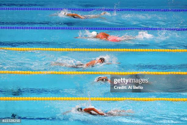 Katie Ledecky of the United States laps her fellow competitors during the Women's 1500m Freestyle final on day twelve of the Budapest 2017 FINA World...