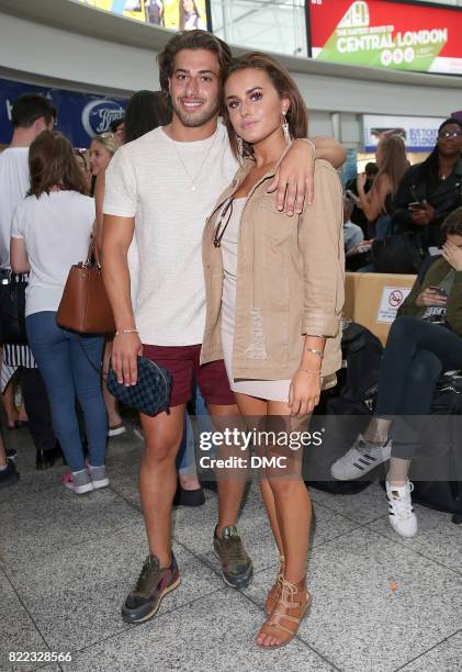 Love Island winners Amber Davies and Kem Cetinay arrive at Stanstead airport on July 25, 2017 in London, England.