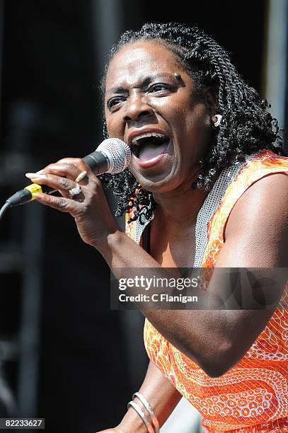 Vocalist Sharon Jones performs during the 2008 Virgin Mobile Festival at Pimlico Race Course on August 9, 2008 in Baltimore, Maryland.