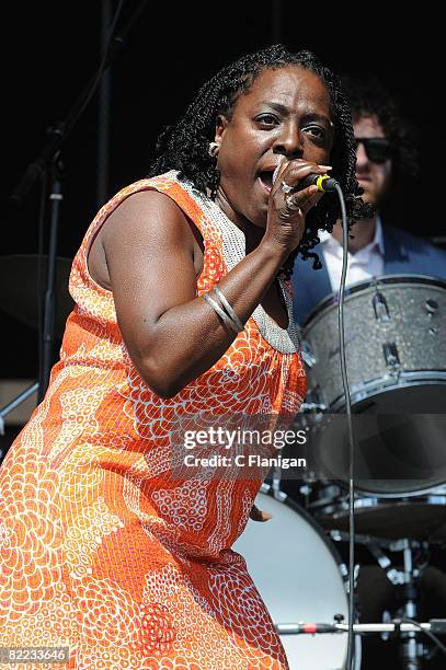 Vocalist Sharon Jones performs during the 2008 Virgin Mobile Festival at Pimlico Race Course on August 9, 2008 in Baltimore, Maryland.