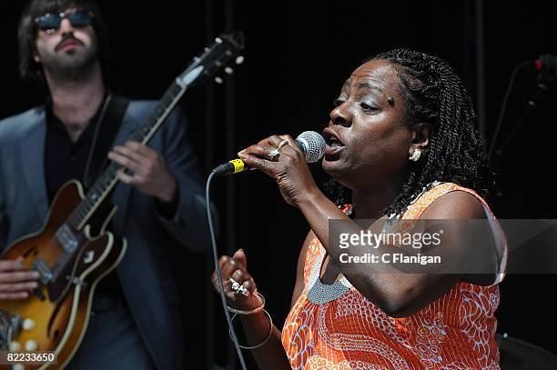 Vocalist Sharon Jones performs during the 2008 Virgin Mobile Festival at Pimlico Race Course on August 9, 2008 in Baltimore, Maryland.