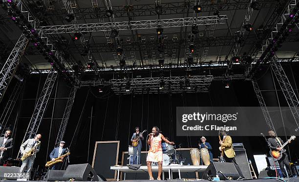 Vocalist Sharon Jones and The Dap Kings perform during the 2008 Virgin Mobile Festival at Pimlico Race Course on August 9, 2008 in Baltimore,...