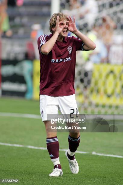 Tom McManus of the Colorado Rapids reacts to a call against Toronto FC during the MLS game on August 9, 2008 at Dicks Sporting Goods Park in Commerce...