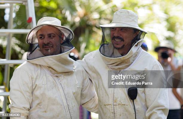 Actor Carlos Bardem and Roberto Alamo attend the 'Alegria, tristeza, miedo, rabia' shooting set at Templo de Debod park on July 25, 2017 in Madrid,...