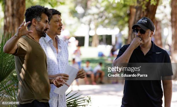 Director Ibon Cormenzana , actor Carlos Bardem and actor Roberto Alamo attend the 'Alegria, tristeza, miedo, rabia' shooting set at Templo de Debod...