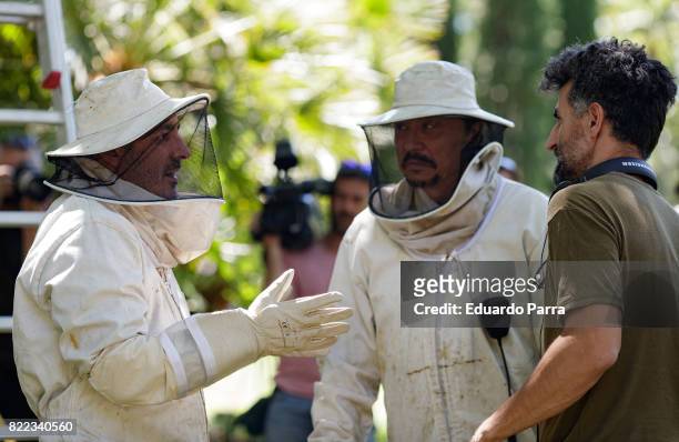 Actor Carlos Bardem and Roberto Alamo attend the 'Alegria, tristeza, miedo, rabia' shooting set at Templo de Debod park on July 25, 2017 in Madrid,...