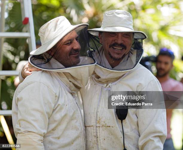 Actor Carlos Bardem and Roberto Alamo attend the 'Alegria, tristeza, miedo, rabia' shooting set at Templo de Debod park on July 25, 2017 in Madrid,...