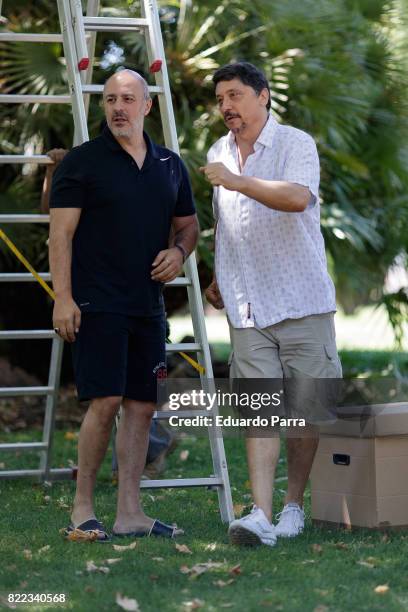 Actor Carlos Bardem and Roberto Alamo attend the 'Alegria, tristeza, miedo, rabia' shooting set at Templo de Debod park on July 25, 2017 in Madrid,...