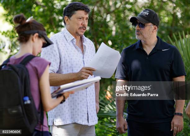 Actor Carlos Bardem and Roberto Alamo attend the 'Alegria, tristeza, miedo, rabia' shooting set at Templo de Debod park on July 25, 2017 in Madrid,...