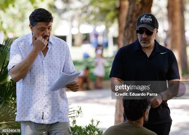 Actor Carlos Bardem and Roberto Alamo attend the 'Alegria, tristeza, miedo, rabia' shooting set at Templo de Debod park on July 25, 2017 in Madrid,...