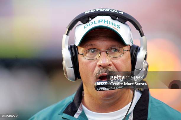 Head Coach Tony Sparano of the Miami Dolphins stands on the sidelines during a pre season game against the Tampa Bay Buccaneers August 9, 2008 at...