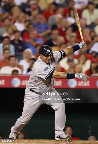 Jose Molina of the New York Yankees bats against the Los Angeles Angels of Anaheim during the game at Angel Stadium on August 8, 2008 in Anaheim,...