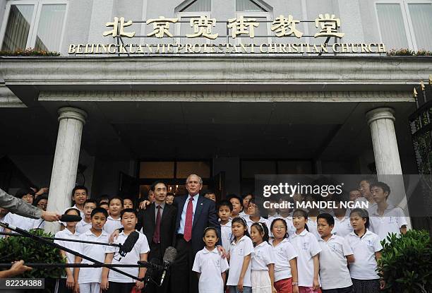 President George W. Bush speaks after attending Sunday service at Beijing Kuanjie Protestant Christian Church in the Chinese capital on August 10,...