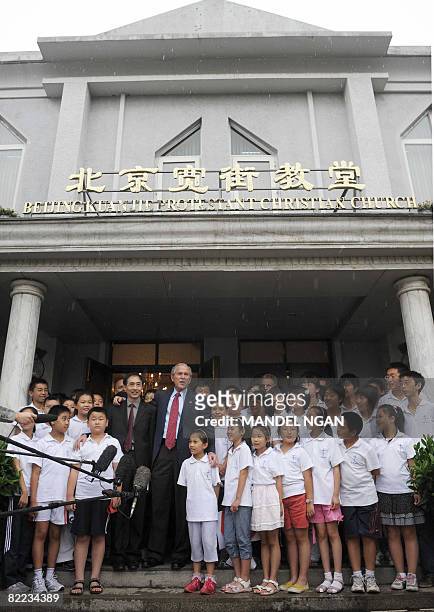 President George W. Bush speaks after attending Sunday service at Beijing Kuanjie Protestant Christian Church in the Chinese capital on August 10,...