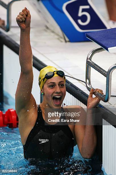 Stephanie Rice of Australia celebrates finishing the Women's 400m Individual Medley Final in first place and wins the gold medal event held at the...