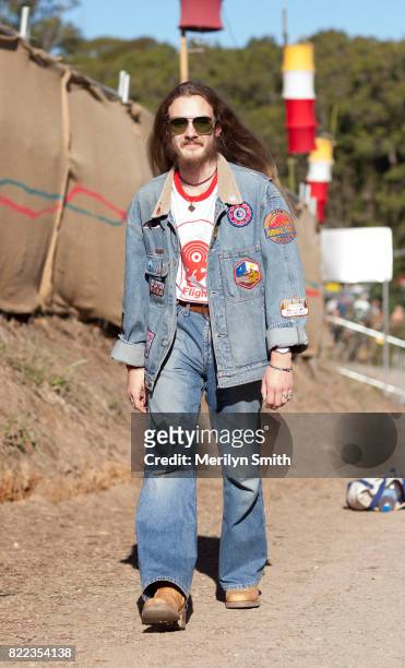 Festivalgoer wearing all denim outfit with embroidered patches during Splendour in the Grass 2017 on July 23, 2017 in Byron Bay, Australia.