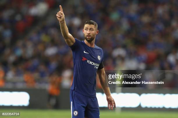 Gary Cahill of Chelsea reacts during the International Champions Cup 2017 match between Bayern Muenchen and Chelsea FC at National Stadium on July...