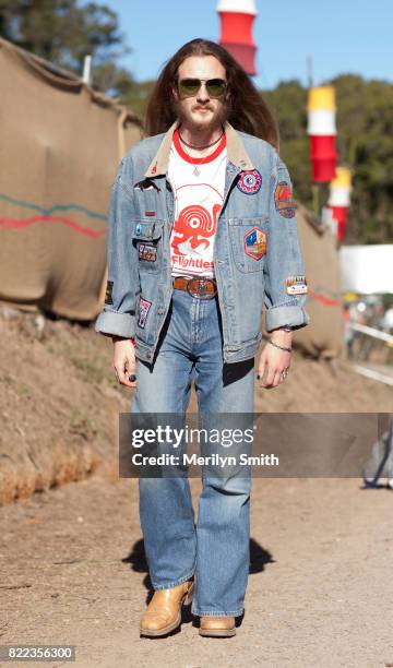 Festivalgoer wearing all denim outfit with embroidered patches during Splendour in the Grass 2017 on July 23, 2017 in Byron Bay, Australia.