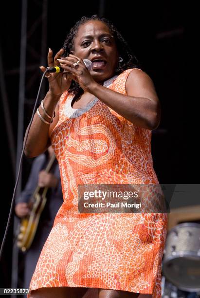 Singer Sharon Jones of Sharon Jones and the Dap Kings performs during the 2008 Virgin Mobile festival at the Pimlico Race Course on August 9, 2008 in...