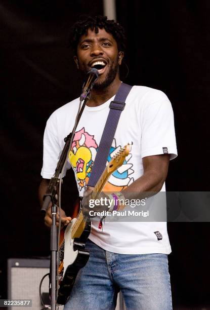 Vocalist/Guitarist Kele Okereke of Bloc Party performs during the 2008 Virgin Mobile festival at the Pimlico Race Course on August 9, 2008 in...