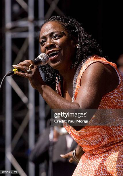 Singer Sharon Jones of Sharon Jones and the Dap Kings performs during the 2008 Virgin Mobile festival at the Pimlico Race Course on August 9, 2008 in...