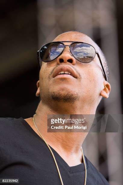 Rapper Lupe Fiasco performs during the 2008 Virgin Mobile festival at the Pimlico Race Course on August 9, 2008 in Baltimore, Maryland.