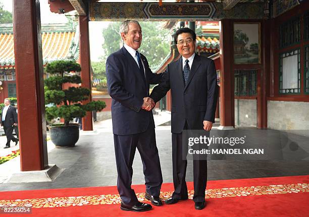 Chinese President Hu Jintao greets US President George W. Bush before a meeting in the Zhongnanhai compound in Beijing on August 10, 2008. Bush, who...