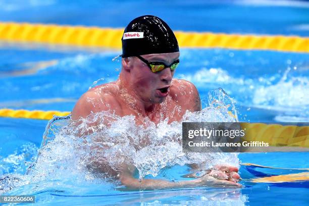 Adam Peaty of Great Britain competes during the Men's 50m Breaststroke final two on day twelve of the Budapest 2017 FINA World Championships on July...