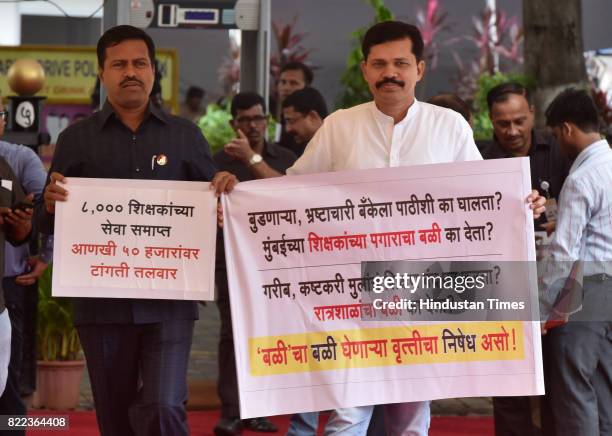 Vikram Kale and Kapil Patil during the Monsoon Assembly Session at Vidhan Bhavan on July 24, 2017 in Mumbai, India.