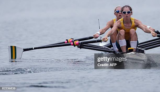 Australia's Amber Halliday and Marguerite Houston power during the lightweight women's double sculls at the 2008 Beijing Olympic 2008 banner in...