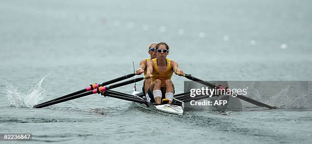 Australia's Amber Halliday and Marguerite Houston power during the lightweight women's double sculls at the 2008 Beijing Olympic 2008 banner in...