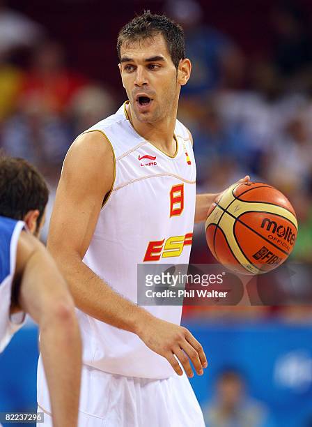 Jose Calderon of Spain moves the ball while taking on Greece during the day 2 preliminary game at the Beijing 2008 Olympic Games in the Beijing...