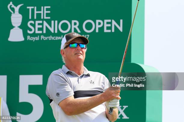 Sandy Lyle of Scotland in action during the ProAm ahead of The Senior Tour Open Championship played at Royal Porthcawl Golf Club on July 25, 2017 in...