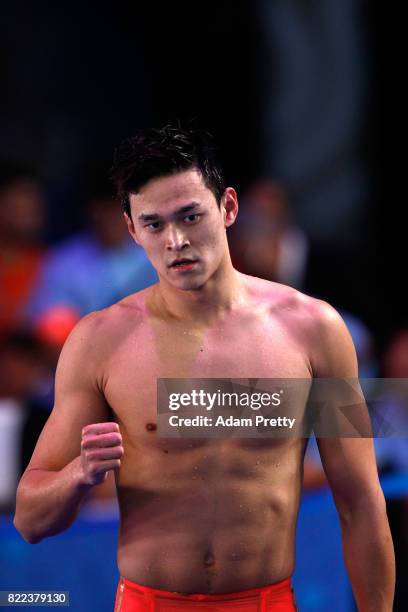 Yang Sun of China celebrates after winning the gold medal during the Men's 200m Freestyle final on day twelve of the Budapest 2017 FINA World...