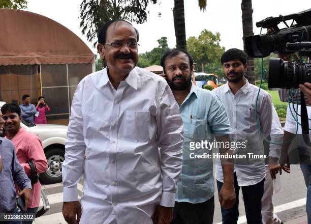 S Vice-Presidential nominee Venkaiah Naidu arrives for the swearing-in ceremony of President Ram Nath Kovind at Parliament on July 25, 2017 in New...