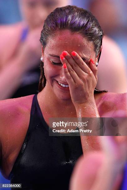 Simona Quadarella of Italy celebrates after winning the bronze medal during the Women's 1500m Freestyle final on day twelve of the Budapest 2017 FINA...