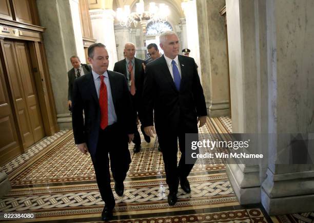 Vice President Mike Pence and White House Chief of Staff Reince Priebus arrive at the U.S. Capitol July 25, 2017 in Washington, DC. The U.S. Senate...