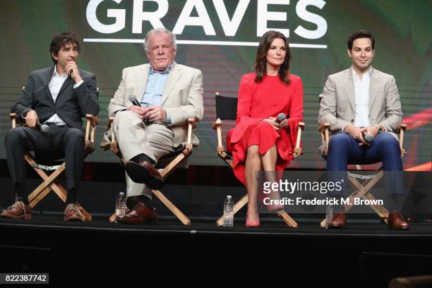 Creator/showrunner Joshua Michael Stern, Nick Nolte, Sela Ward and Skylar Astin of the series 'Graves' speak onstage during the EPIX portion of the...