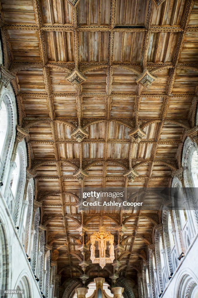 The wood pannelled ceiling in St Davids Cathedral in St Davids, Pembrokeshire, Wales, UK.