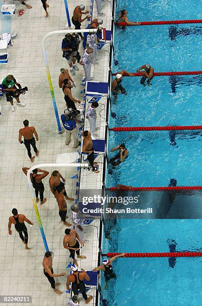 The Men's 4 x 100m Freestyle Relay Heat 1 held at the National Aquatics Center during day 2 of the Beijing 2008 Olympic Games on August 10, 2008 in...